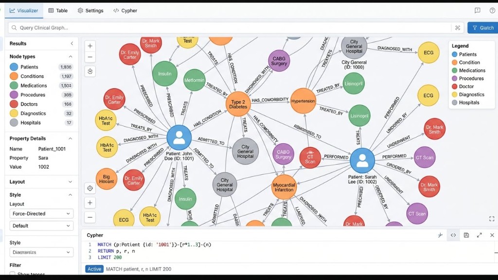 Memgraph clinical graph visualizer running a multi-hop Cypher traversal